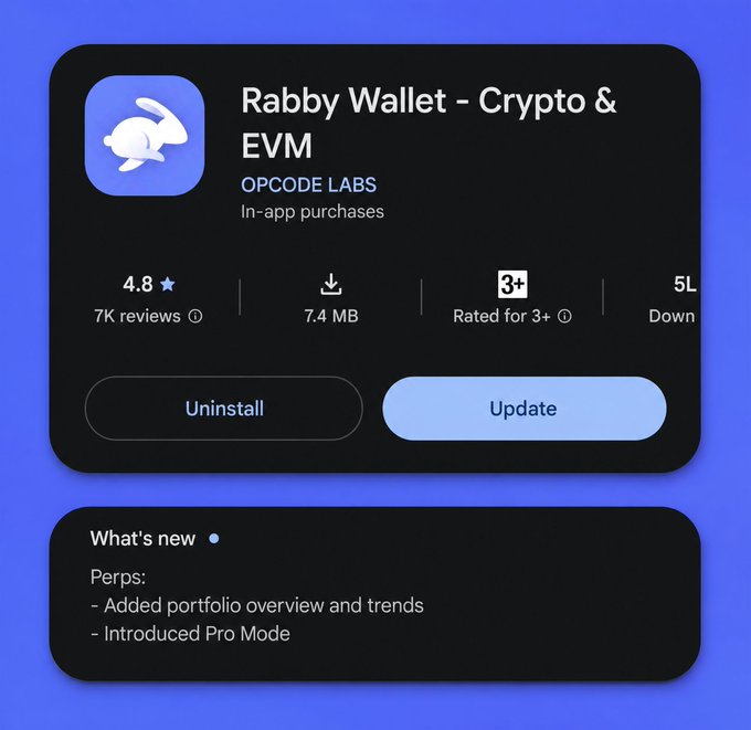 An app store listing for 'Rabby Wallet - Crypto & EVM' by OPCODE LABS with a 4.8 star rating from 7K reviews, showing 'Update' and 'Uninstall' options, with 'What's new' notes about Perps portfolio overview and Pro Mode.
