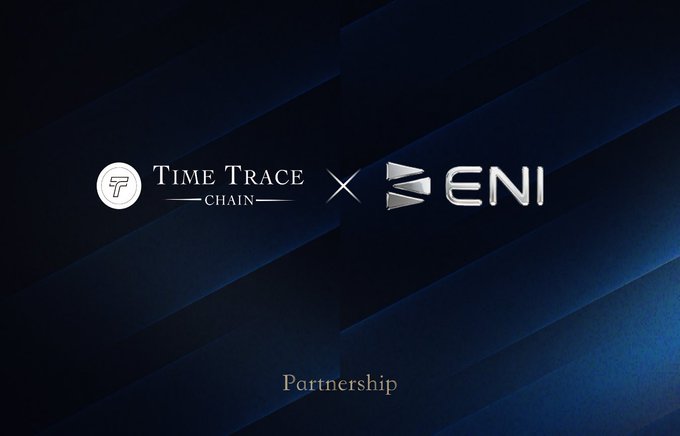 This image announces a partnership between Time Trace Chain and ENI, symbolizing a new chapter for TT Chain's expansion into enterprise infrastructure. The graphic prominently displays the logos of both entities with "Partnership" text at the bottom, directly relating to the post about their collaboration and growth.