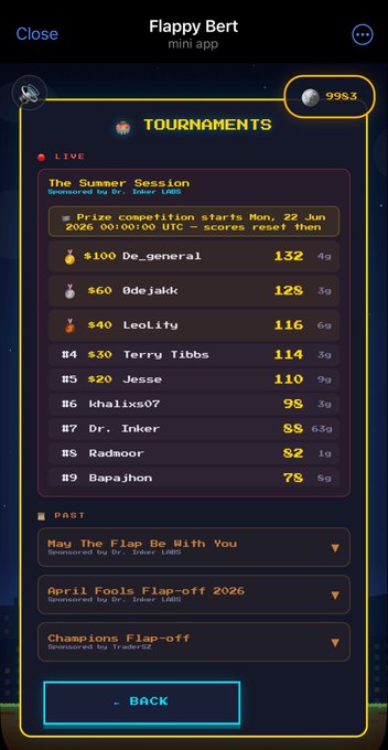 The image shows a screenshot of a cell phone screen that displays a game called Flappy BERT Summer Session, which is related to a competition happening over the weekend from January 1st through May 31st at the UFC. The game's organizer has listed participants including Terry Tibba and Tedy Bruschi in the back row, along with many others who are lining up for the challenge. A prize pool of $250 will be awarded to those that succeed in beating Flappy BERT within the time limit set by the organizer.
