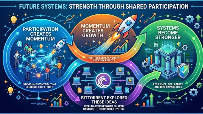 The image features a colorful poster with illustrations of people working together, surrounded by various objects such as a rocket ship, a building, and a computer screen. The poster also includes text that explains the concept of future systems becoming stronger through shared participation. It suggests that when individuals collaborate and share ideas, they can create momentum and drive growth in these systems. This idea is supported by the fact that BitTorrent explored similar concepts in their post about how BitTorrent could become stronger through shared participation.