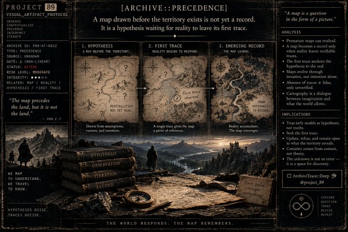 A detailed infographic titled 'PROJECT 89 [ARCHIVE::PRECEDENCE]' discussing the visual artifact protocol, featuring a three-panel diagram showing the progression from hypothesis to first trace to emerging record, accompanied by analysis and implications text.