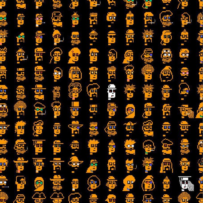 A pixel art image featuring a grid pattern of small, stylized orange character heads with various facial features, hats, and sunglasses against a black background, resembling a 'CryptoPunks' style collection with one white character.