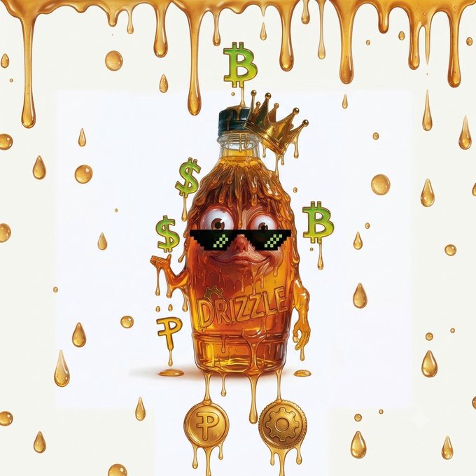 A cartoon illustration of an anthropomorphized honey bottle character wearing pixelated sunglasses and a crown, labeled 'DRIZZLE', surrounded by dripping honey and floating cryptocurrency symbols like Bitcoin ($B) and Ruble (₽).