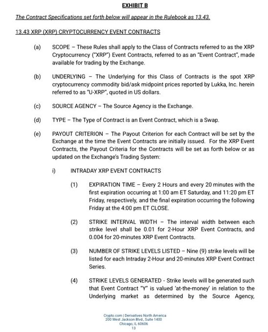 A legal document titled 'EXHIBIT B' detailing '13.43 XRP (XRP) CRYPTOCURRENCY EVENT CONTRACTS' contract specifications, including expiration times and strike interval widths.