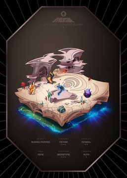 A 3D diorama or model featuring multiple Pokémon figures including Mudbray, Patrat, Sizzlipede, Hoppip, Dwebble, and Burmy on a rocky platform with blue flames.