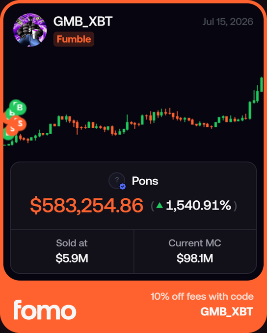 The image shows a FOMO app post by user "GMB_XBT" labeled "Fumble" dated Jul 15, 2026, displaying a candlestick chart for the token "Pons" with a missed gain of $583,254.86 (▲1,540.91%), noting it sold at $5.9M market cap while now sitting at $98.1M. The visual perfectly illustrates the accompanying post's lesson—warning traders not to "jeet" (panic sell) $PONS too early and miss massive gains, as the user did.