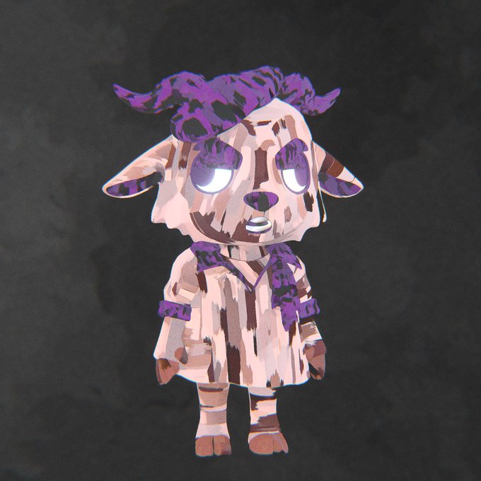 A digital illustration of a stylized, cartoonish sheep character with brown striped fur, wearing a purple scarf, with purple-tinted glowing eyes against a dark background.