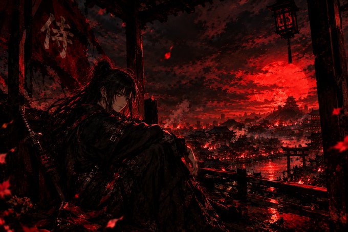 A dramatic dark anime-style illustration featuring a warrior figure overlooking a burning red landscape with traditional Japanese-style buildings and a distant pagoda.