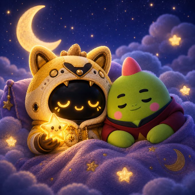 A digital illustration of two cute characters, one in a yellow cat hoodie and a green creature with a pink horn, cuddling on purple clouds under a starry night sky with a crescent moon.