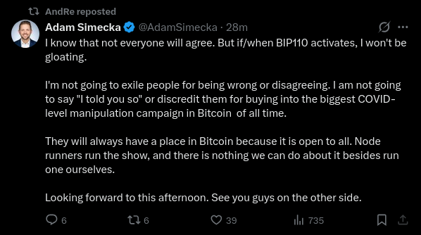 A reposted tweet by AndRe from Adam Simecka (@AdamSimecka) stating that if BIP110 activates he won't be gloating or exiling people, and that node runners will always have a place in Bitcoin because it is open to all.
