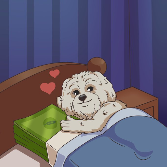 A digital illustration of a cute white fluffy dog lying in bed hugging a green pillow, with red hearts floating nearby.