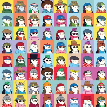 A colorful grid of Pudgy Penguins NFT avatars, each penguin depicted with unique accessories like hats, sunglasses, and hoodies against vibrant backgrounds, illustrating the 117 digital collectibles that billionaire investor Adam Weitsman recently purchased to support the collection amid Pudgy parent Igloo's restructuring announcement.