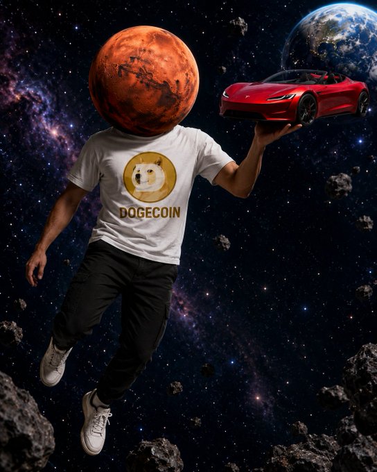 The image features a man with a Mars-like head, wearing a white t-shirt that has "DOGE" printed on it. The man is holding a red car in his hand while floating in space. The background of the image shows a planet and stars, creating an otherworldly atmosphere. The caption to the image reads: "Just a $DOGE Martian holding a Tesla @dogecoin @Tesla".