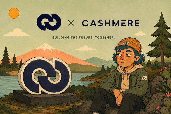 An illustrated collaboration graphic between Polygon and Cashmere with the slogan "BUILDING THE FUTURE, TOGETHER," featuring a cartoon character sitting by a lake with mountains.