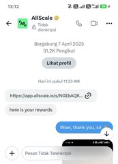 A screenshot from the AllScale app (with Indonesian text "AllScale - Tidak terdaftar") shows a WhatsApp chat where a recipient replies "Wow, thank you, sir" to a message containing a link and the text "here is your rewards."