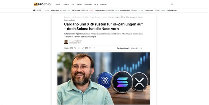 The image shows a BTC Echo article titled "Cardano und XRP rüsten für KI-Zahlungen auf – doch Solana hat die Nase vorn," discussing AI payment infrastructure across Cardano, XRP, and Solana, with Cardano (ADA) shown at $0.261069 (+3.21%). The article's headline and content relate to the user's post, which critiques BTC Echo's coverage—likely the x402 AI payments topic—suggesting the outlet should conduct more thorough research when reporting on emerging AI payment protocols in the crypto space.