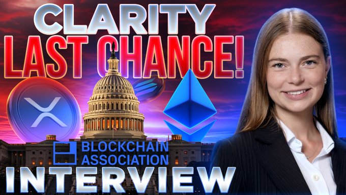A YouTube thumbnail featuring a smiling woman in a dark blazer alongside images of the U.S. Capitol, Ethereum and XRP logos, and bold text reading "CLARITY LAST CHANCE! BLOCKCHAIN ASSOCIATION INTERVIEW," promoting an interview about Congress missing a crypto legislation deadline.