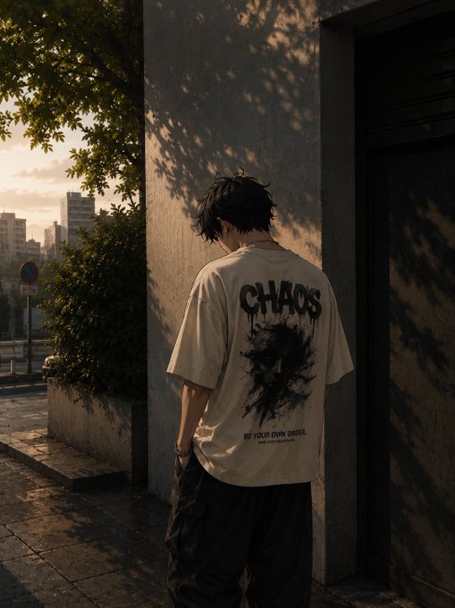 A photograph of a person viewed from behind, wearing a beige t-shirt with a black graphic design and the text 'CHAOS' along with smaller unreadable text below.