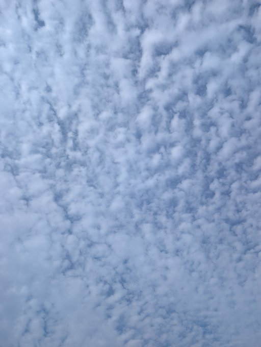 A photograph of a blue sky filled with scattered, wispy white clouds.