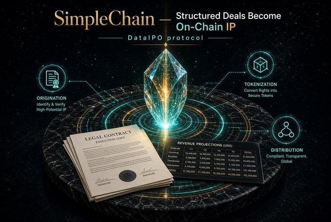 A promotional graphic for 'SimpleChain - DataIPO Protocol' stating 'Structured Deals Become On-Chain IP,' featuring a crystal, legal contracts, revenue projections, and icons for Origination, Tokenization, and Distribution.