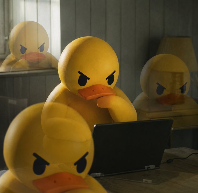 Multiple yellow rubber ducks with angry expressions, with the central duck using a laptop in a dimly lit room setting.