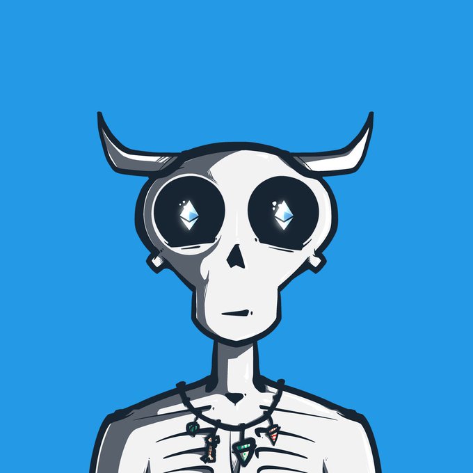 A digital illustration of a white skeleton character with horns and large black eyes featuring diamond-shaped pupils, wearing a beaded necklace, set against a bright blue background.