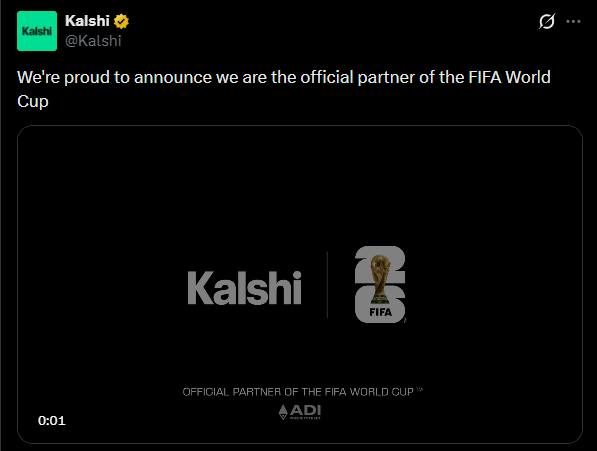 A tweet from Kalshi (@Kalshi) announcing they are an "Official Partner of the FIFA World Cup," displayed on a black background with the Kalshi and FIFA World Cup logos side by side, alongside an ADI certification mark. The image highlights perceived hypocrisy, as the company's own promotional post contradicts its simultaneous criticism of a competitor for similar advertising claims.