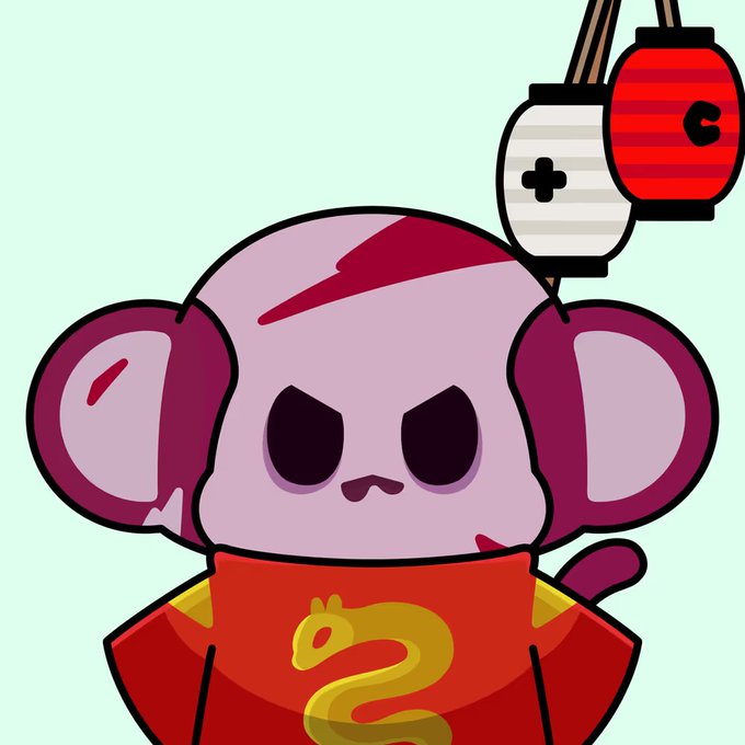 A cartoon illustration of a purple mouse-like character with large round ears wearing a red shirt with a golden dragon emblem, accompanied by two hanging Japanese-style lanterns.