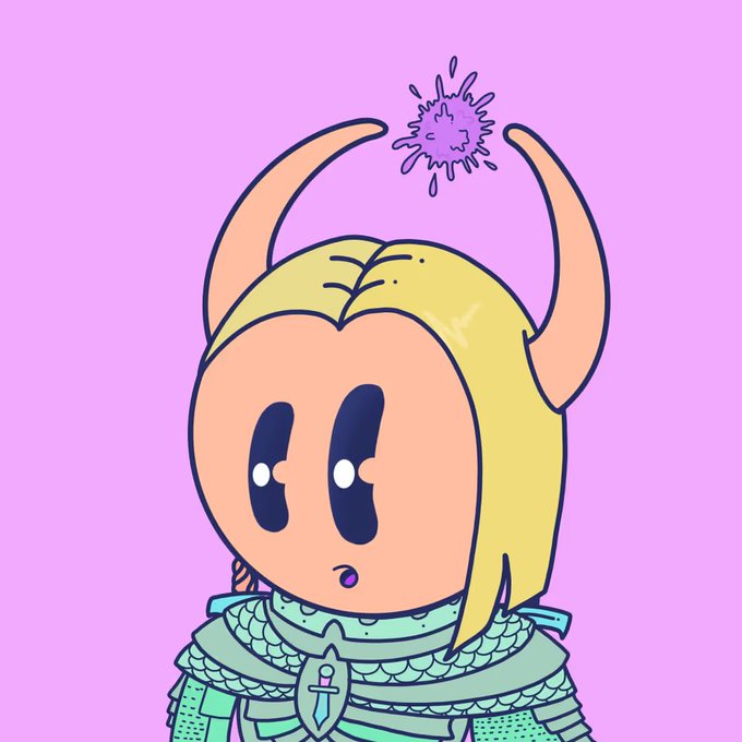 A cute cartoon-style character with blonde hair and large horns looks up curiously at a floating purple splash above her head, wearing an ornate mint-green armored outfit featuring a sword emblem. The quirky NFT-style illustration matches the post's mention of the distinctive sword armor trait and aligns with Eyeverse's signature big-eyed character aesthetic.