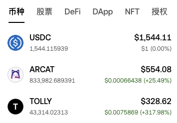A cryptocurrency price list showing USDC at $1,544.11, ARCAT at S$554.08 (+25.49%), and TOLLY at S$328.62 (+317.98%).