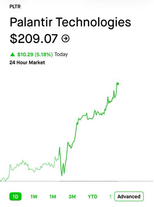 Stock chart screenshot showing Palantir Technologies (PLTR) priced at $209.07, up $10.29 (5.18%) Today, with a green upward-trending line graph on a 1D Advanced chart.