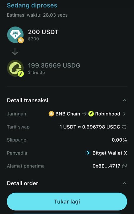 A mobile app screenshot in Indonesian showing a pending crypto swap of 200 USDT for 199.35969 USDG on the BNB Chain via Bitget Wallet X.
