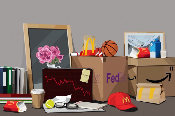 An illustration shows various consumer items including McDonald's packaging, FedEx and Amazon boxes, a basketball, and a laptop displaying a declining red stock chart.