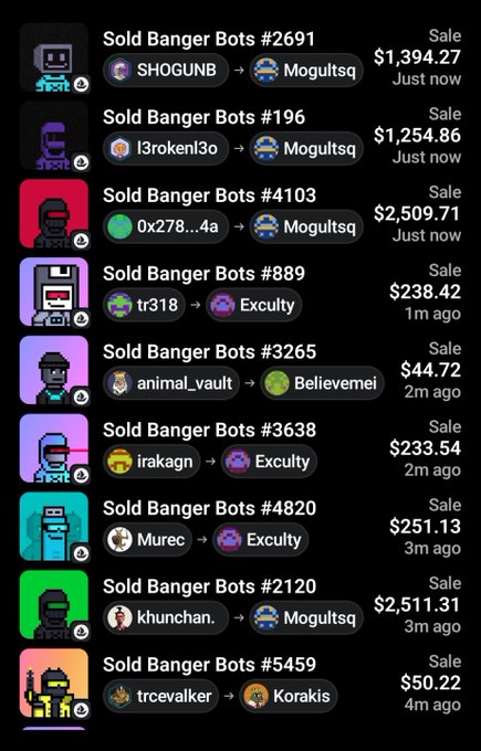 A screenshot displays a list of NFT sales titled 'Sold Banger Bots' featuring various pixel art robot avatars with recent transaction prices ranging from $44.72 to $2,509.71.