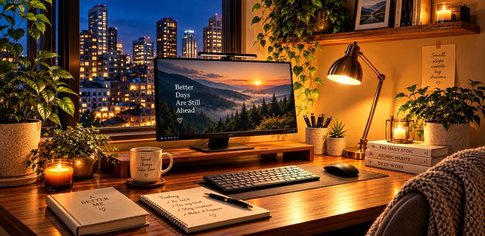 A cozy desktop workspace scene at night with a monitor displaying 'Better Days Are Still Ahead', plants, candles, and a city view through the window.