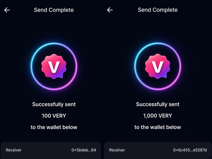 The image shows two "Send Complete" confirmation screens for cryptocurrency transactions, displaying successful transfers of 100 VERY and 1,000 VERY tokens to different wallet addresses, featuring a pink/purple "V" logo. It relates to the post by illustrating the practical use of the $VERY token for peer-to-peer transactions, reinforcing the message about the token's real utility amid warnings about unofficial "black market" pricing.