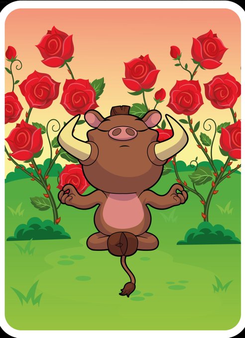 A cartoon warthog-like character meditating in a yoga pose among red rose bushes on a grassy field.