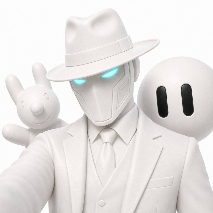 A monochromatic 3D render features a robotic figure in a white fedora and suit with glowing blue eyes, flanked by a white bunny plush and a ghost-like character, all sharing an all-white aesthetic. The detective-like imagery of the "inspector" character complements the post's suggestion of investigating or pioneering new financial concepts like the $DOGGIE and $TSLA token pairing on Robinhood.