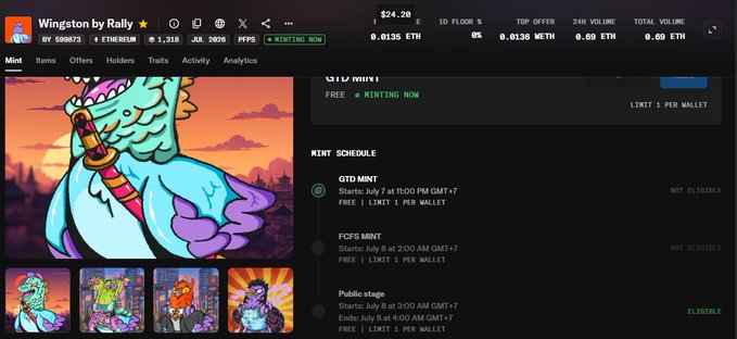 This screenshot shows the "Wingston by Rally" NFT collection page, highlighting a GTD Mint that is currently available for free with a limit of 1 per wallet, as the floor price is already $24.20 or 0.0135 ETH.