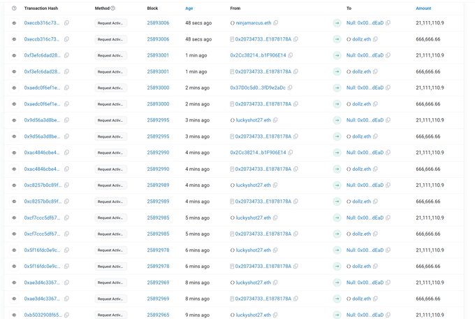 A cryptocurrency transaction history table showing multiple large transactions of 21,311,110.9 and 666,666.66 sent to addresses labeled "0x0000dEad" and "0xE1F" from various Ethereum addresses.