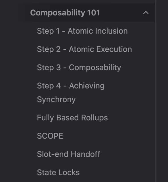 A dark-themed navigation menu titled 'Composability 101' listing items: Step 1 – Atomic Inclusion, Step 2 – Atomic Execution, Step 3 – Composability, Step 4 – Achieving Synchrony, Fully Based Rollups, SCOPE, Slot-end Handoff, and State Locks.