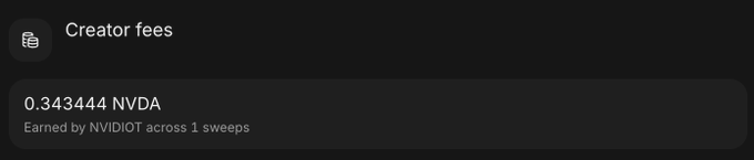 A dark-themed app screenshot showing 'Creator fees' of '0.343444 NVDA' 'Earned by NVIDIAOT across 1 sweeps'.