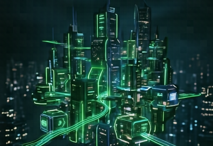 A futuristic 3D render of a cyberpunk cityscape featuring tall dark skyscrapers illuminated with neon green lights and connected by glowing green pathways.