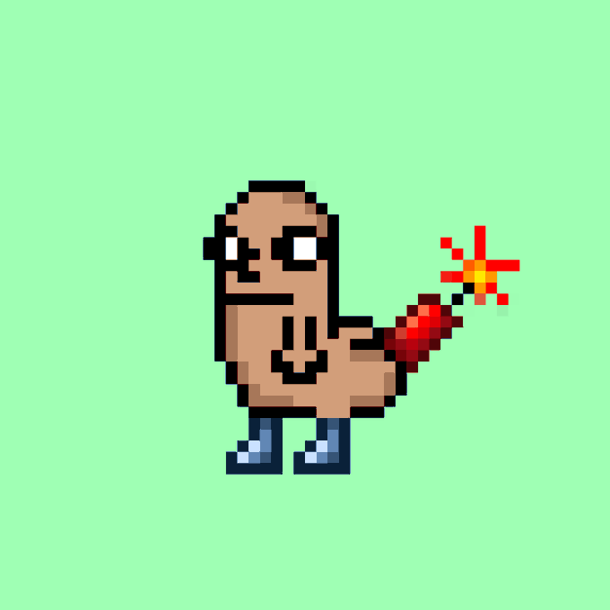 Pixel art illustration of a figure with brown skin wearing a hooded jacket and jeans, firing a red rocket launcher against a solid green background.