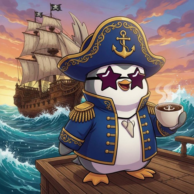 A cartoon penguin dressed as a pirate captain with a blue tricorn hat, star-shaped sunglasses, and a blue coat with gold trim, holding a coffee cup with a pirate ship in the background at sunset.