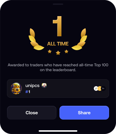 A mobile app screen displaying a '1 ALL TIME' achievement badge, awarded to the trader 'unipcs' for reaching an all-time Top 100 ranking on the leaderboard.
