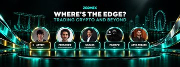 A promotional banner for the "ZoomEX" event "WHERE'S THE EDGE? TRADING CRYPTO AND BEYOND," featuring five speaker portraits labeled Arjun, Fernando, Carlos, Kabilan, and Arya Neddar against a glowing cityscape background. The image highlights the trader lineup for the upcoming after-party event in Singapore referenced in the post.