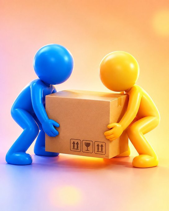 A 3D rendering of blue and yellow figures collaboratively carrying a cardboard shipping box marked with handling symbols against a soft gradient background.