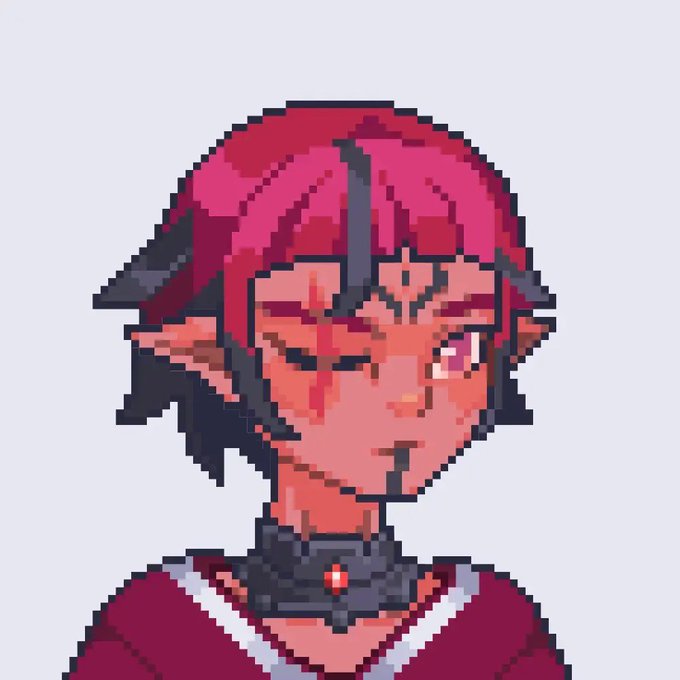 Pixel art portrait of a character with pink hair, pointed ears, and a choker, winking at the viewer.