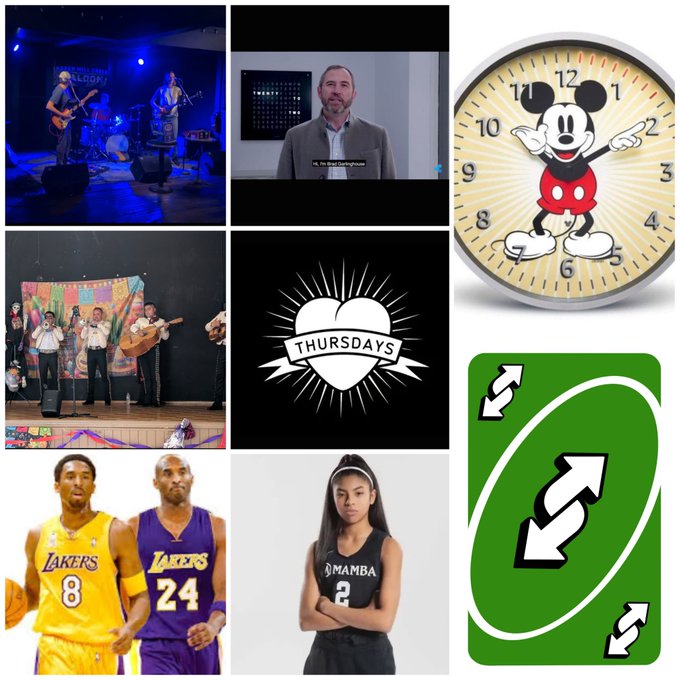 A collage containing photos of musicians performing on stage, a man in a grey shirt, a Mickey Mouse clock, a 'THURSDAYS' heart logo, basketball players Kobe Bryant (#8 and #24 Lakers), Gianna Bryant (#2 Mamba), and a green Uno reverse card.